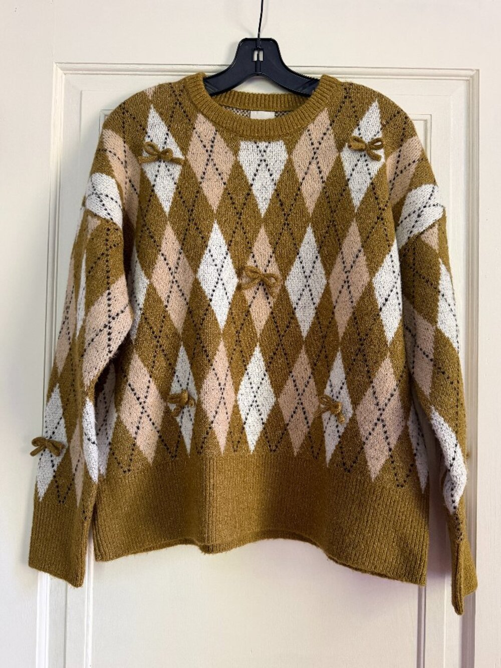 Anthropologie Maeve 3D Bow Argyle Crew-Neck Sweater Size Medium